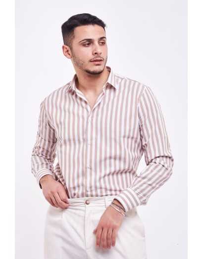 camicia regular rigata beige