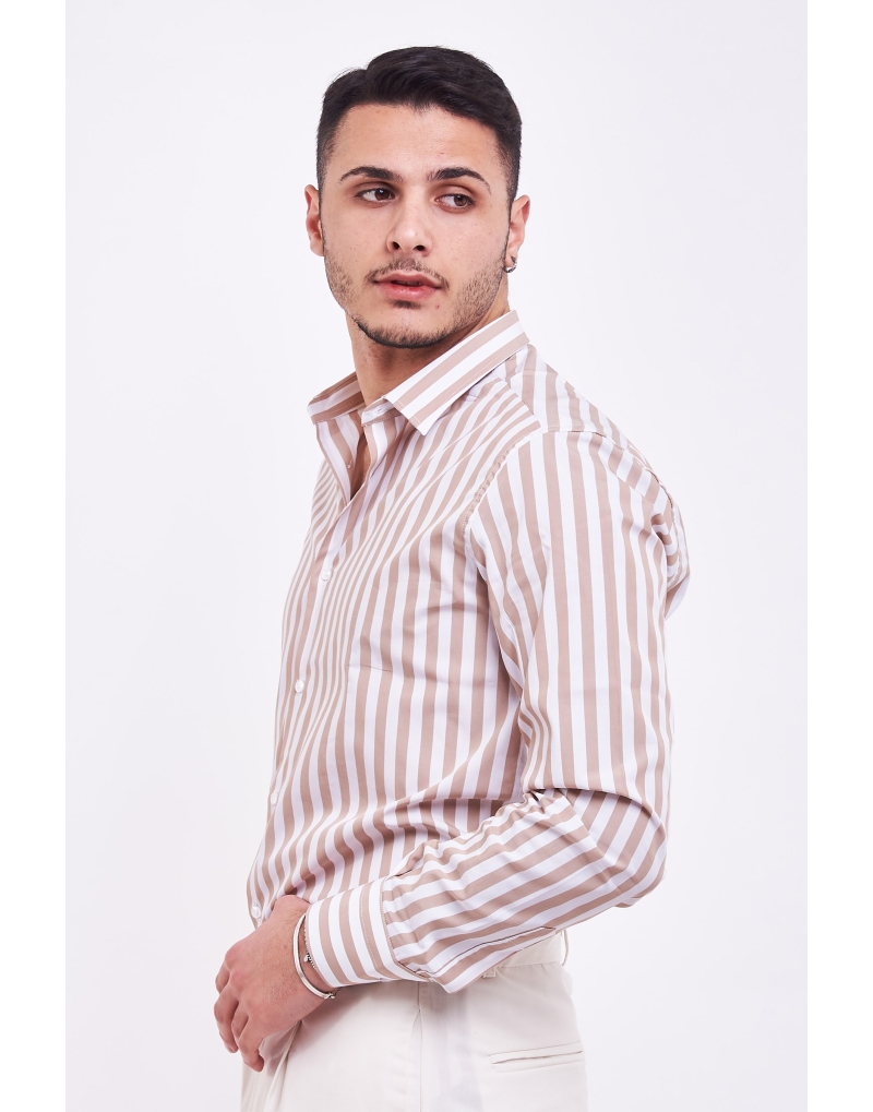 camicia regular rigata beige