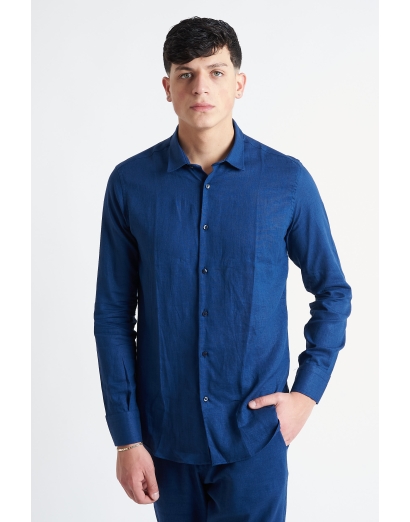 camicia regular misto lino blu
