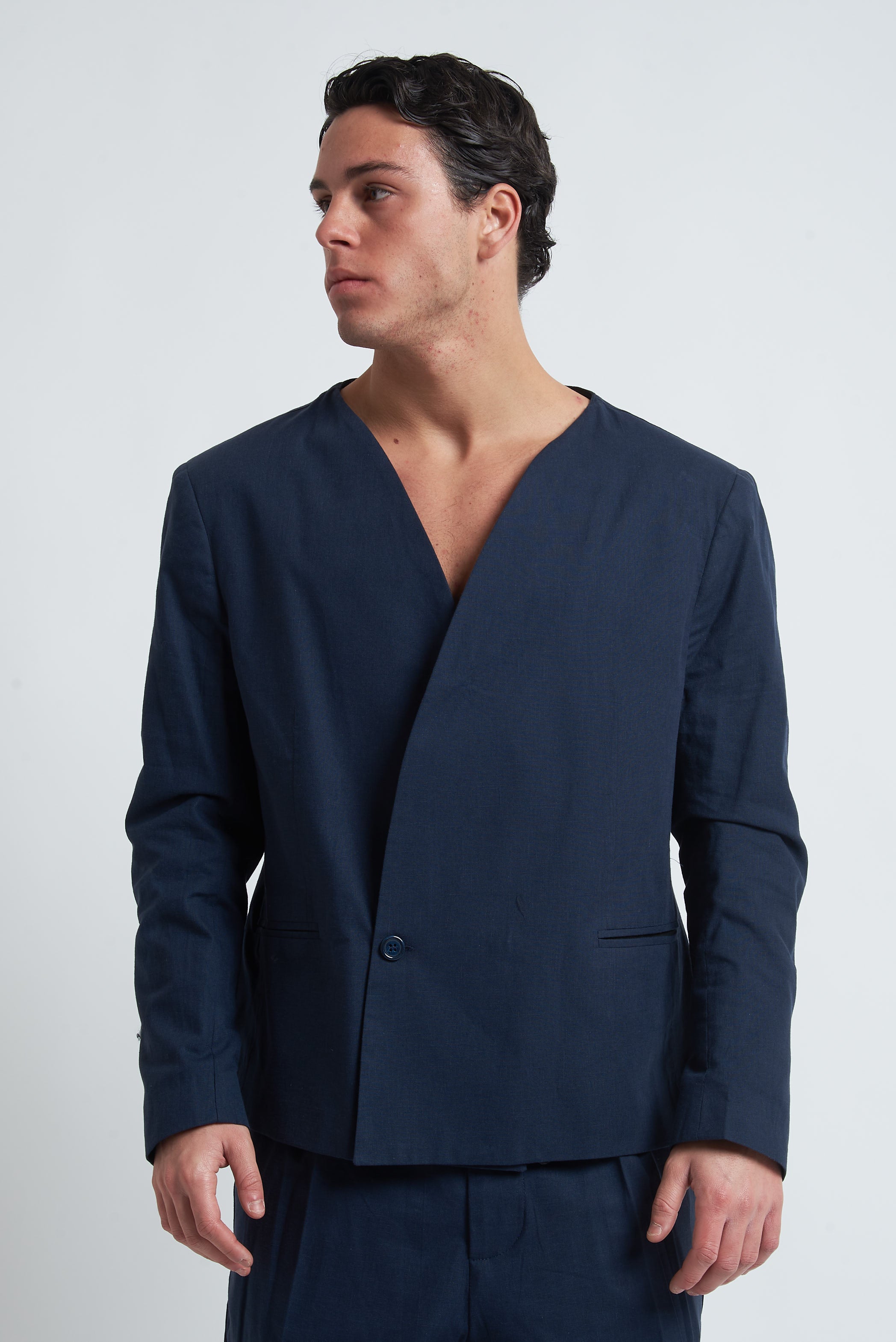 Giacca senza collo in misto lino