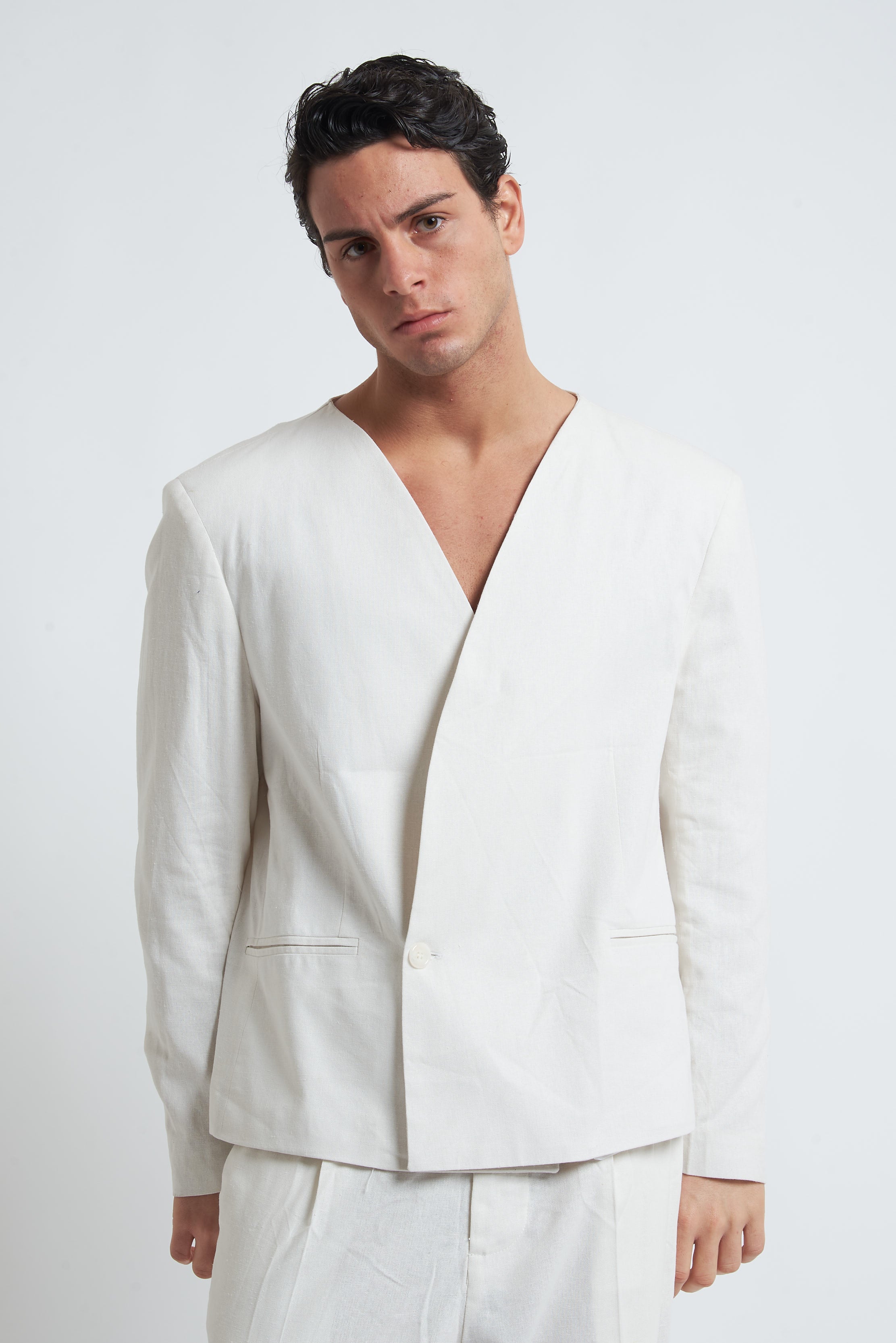 Giacca senza collo in misto lino