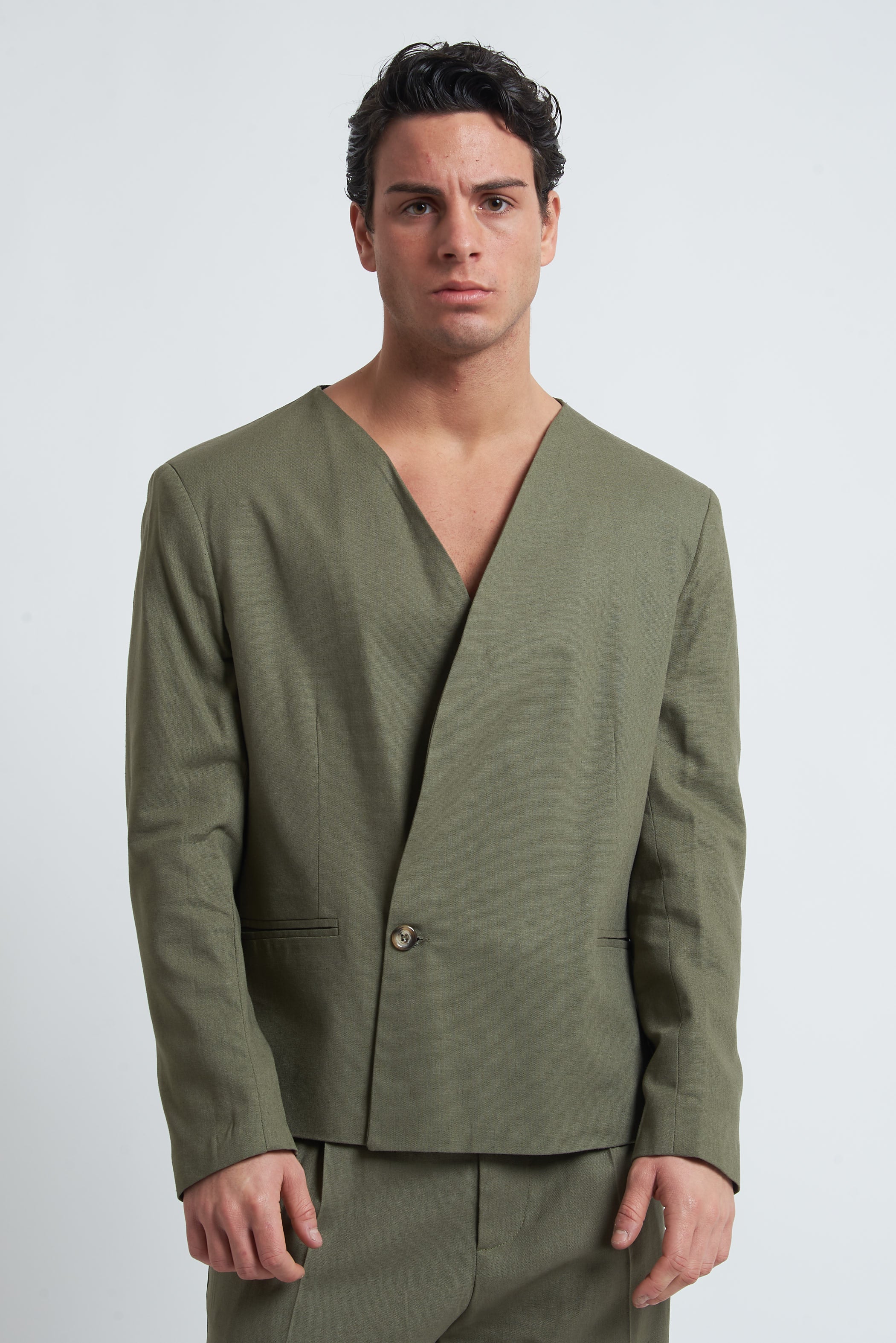 Giacca senza collo in misto lino