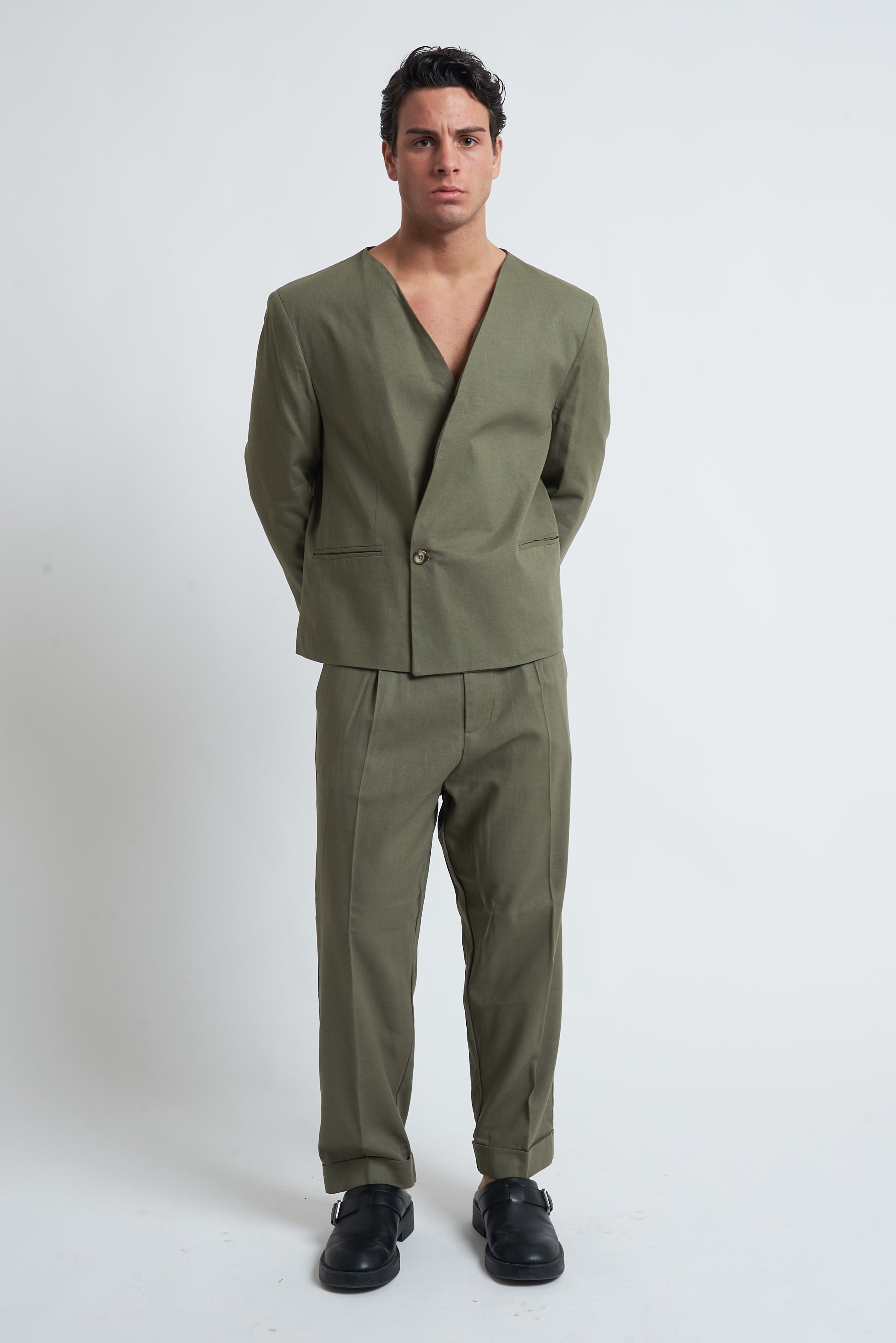 Pantaloni fondo largo in misto lino