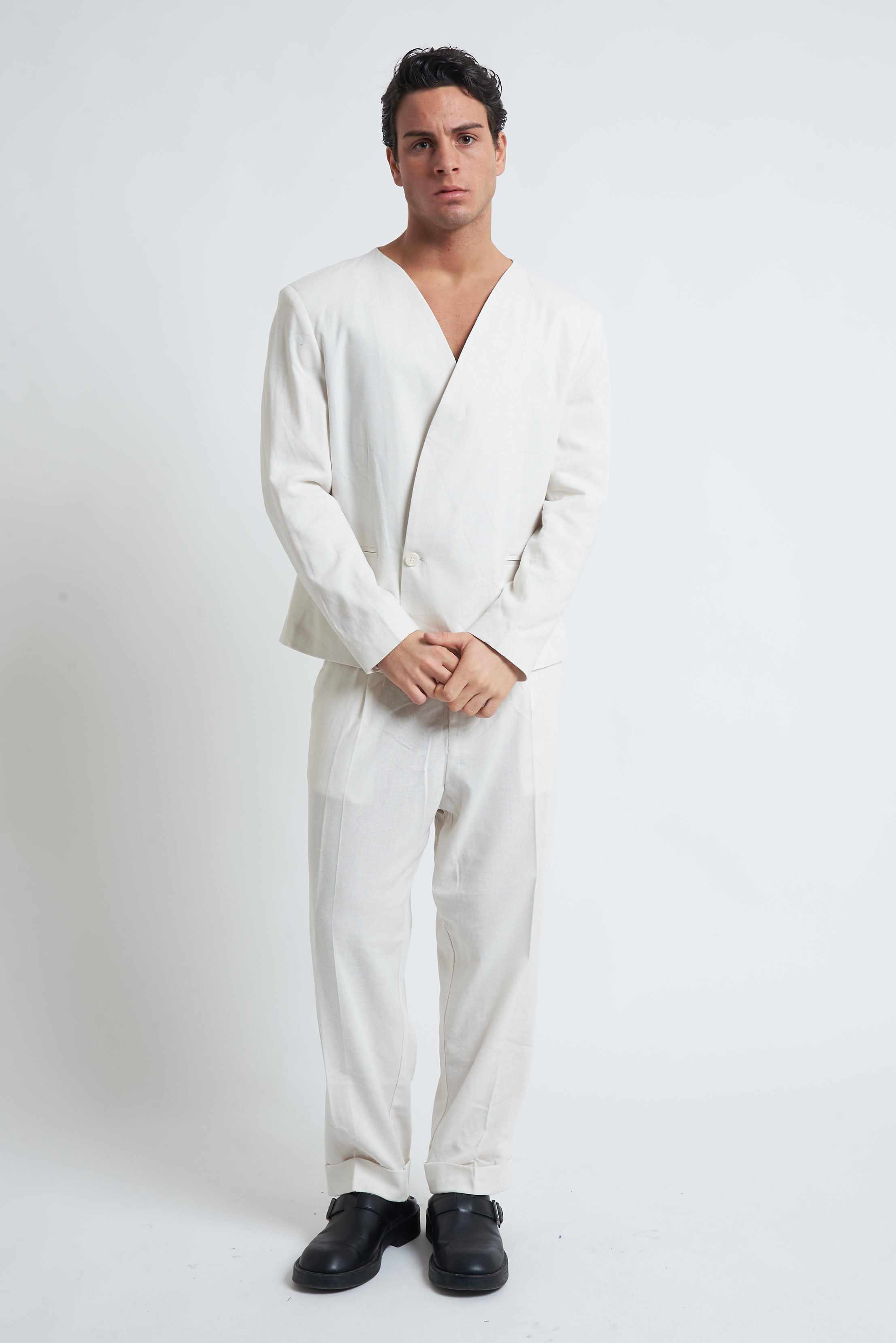 Pantaloni fondo largo in misto lino