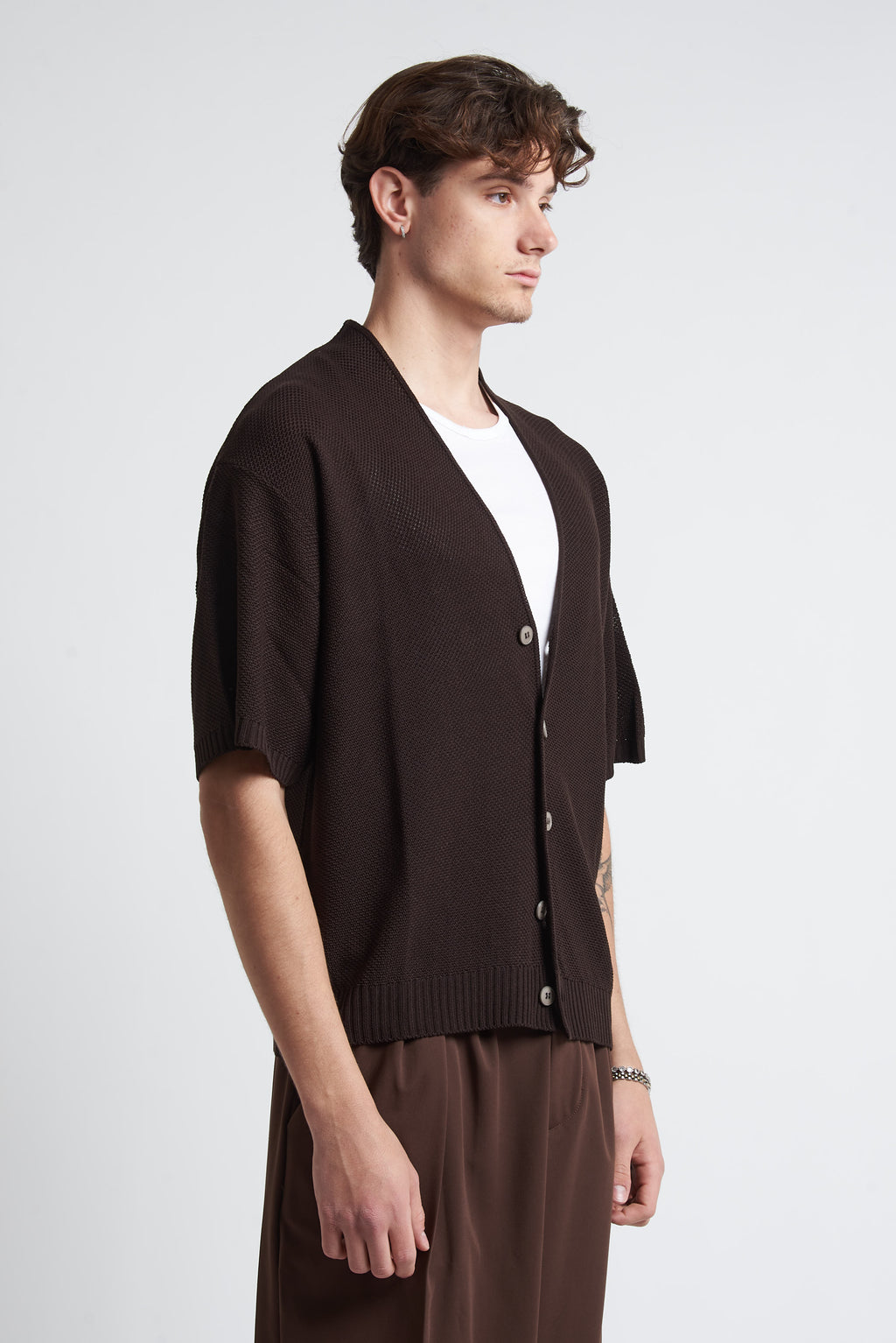 Cardigan in filo mezza manica marrone