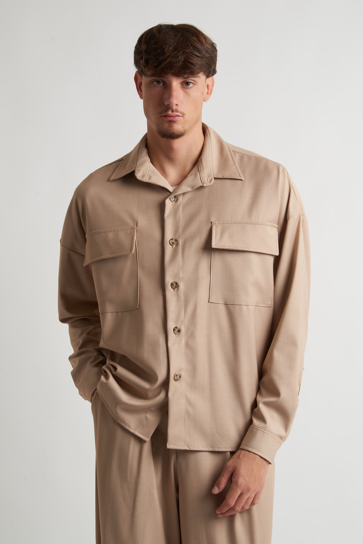 Camicia oversize in poliviscosa beige