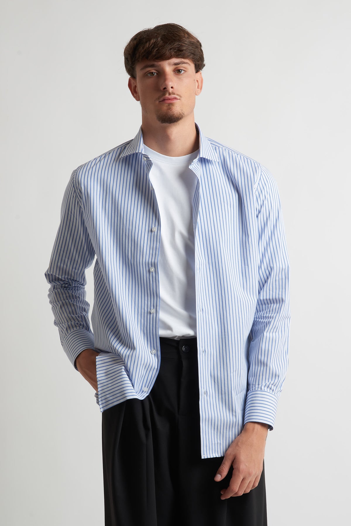 Camicia moda rigata celeste