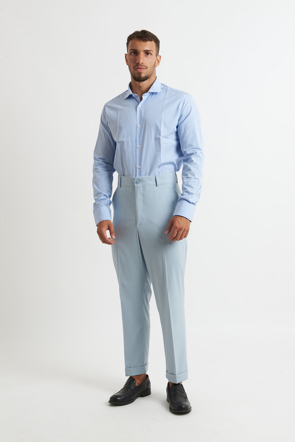 Camicia a rigo stretto celeste e bianco