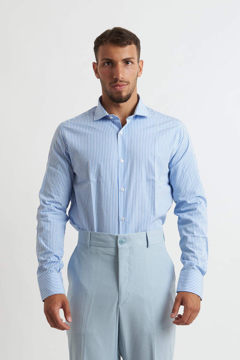 Camicia a rigo stretto celeste e bianco