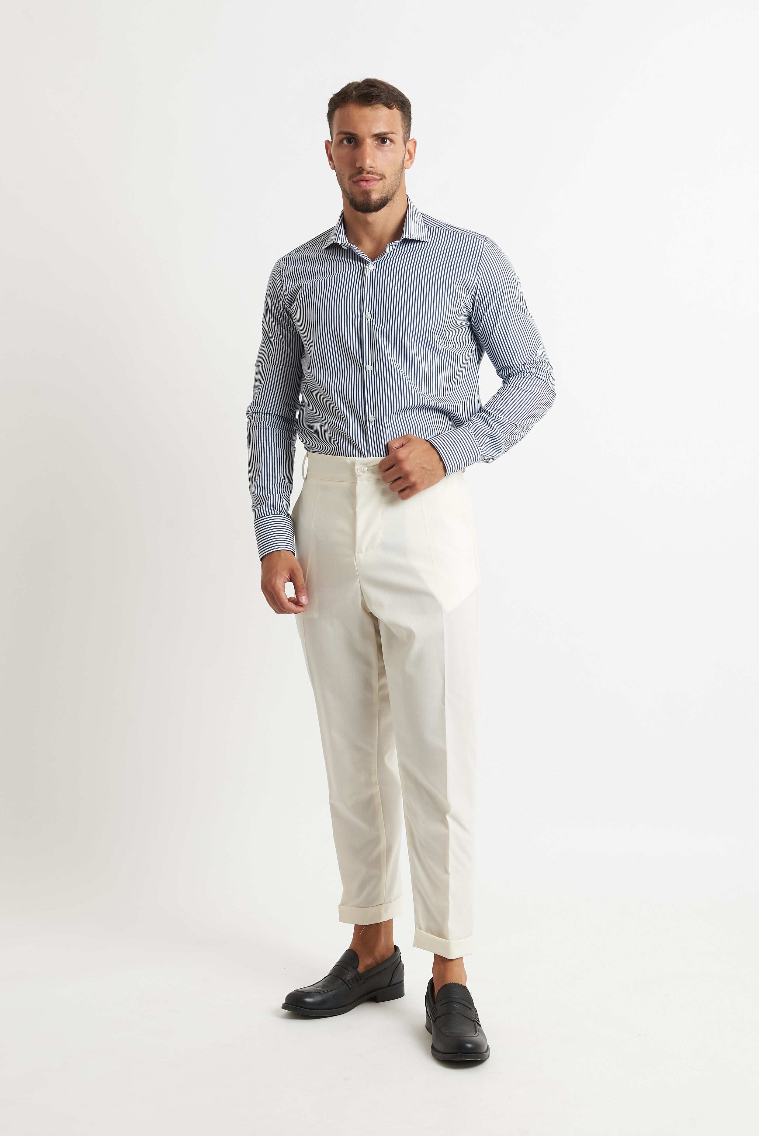 Camicia a rigo stretto blu e bianco