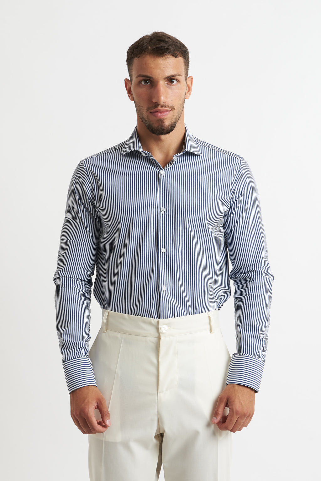 Camicia a rigo stretto blu e bianco