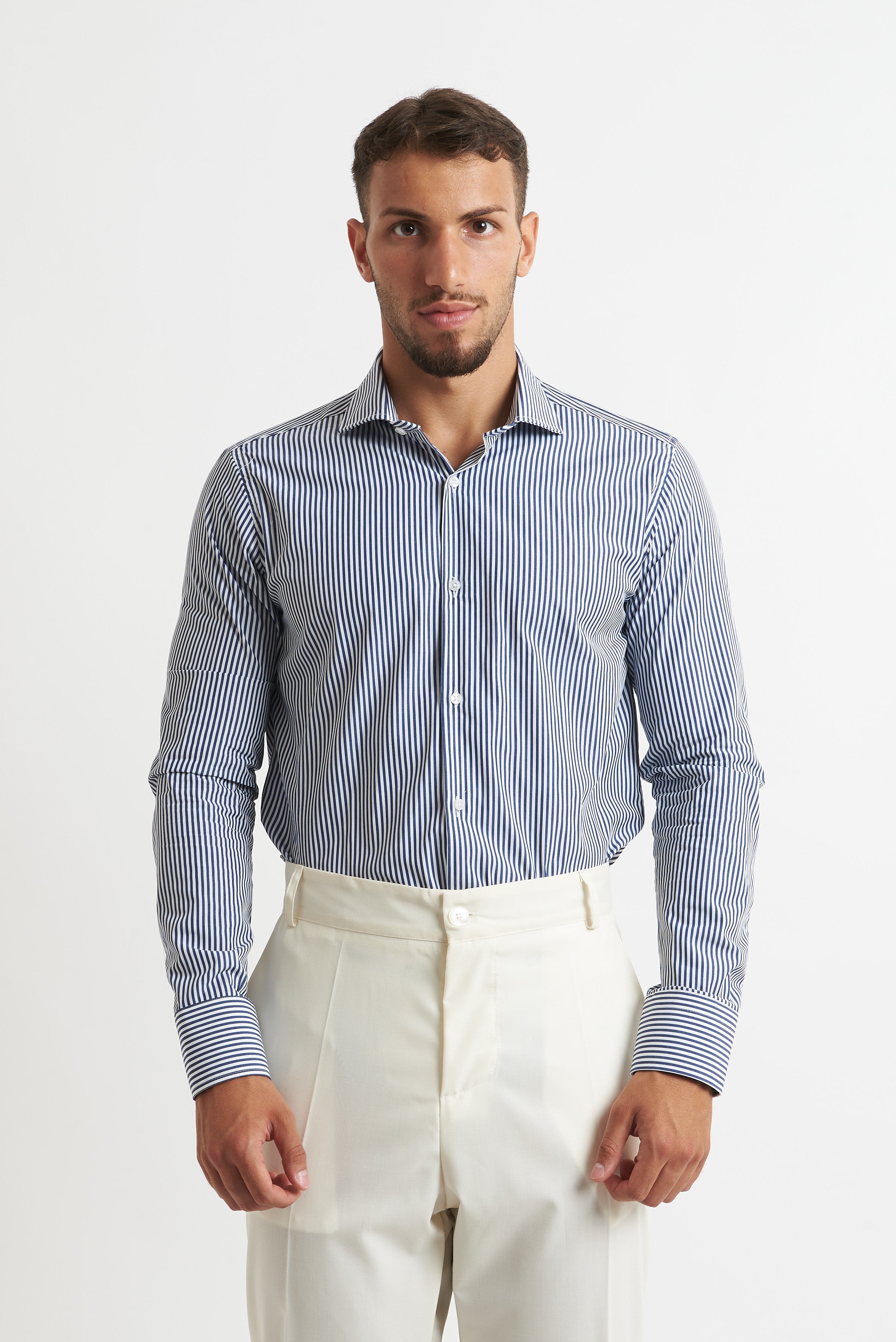 Camicia a rigo stretto blu e bianco