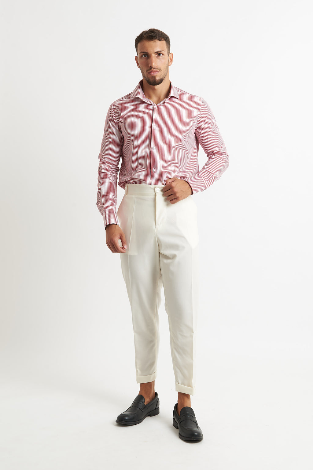 camicia a rigo stretto bordeaux e bianco