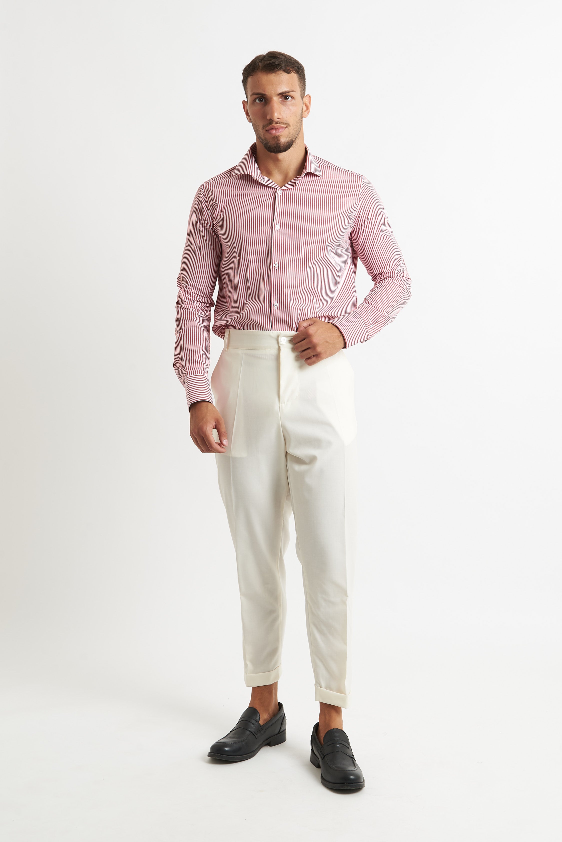 camicia a rigo stretto bordeaux e bianco