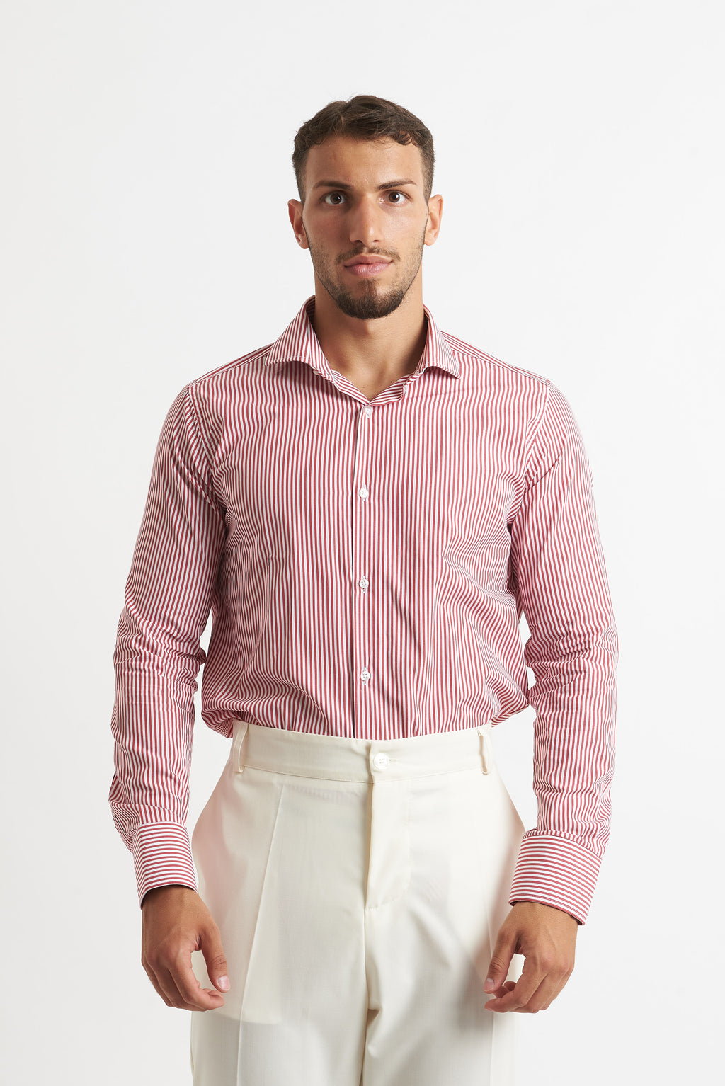 camicia a rigo stretto bordeaux e bianco