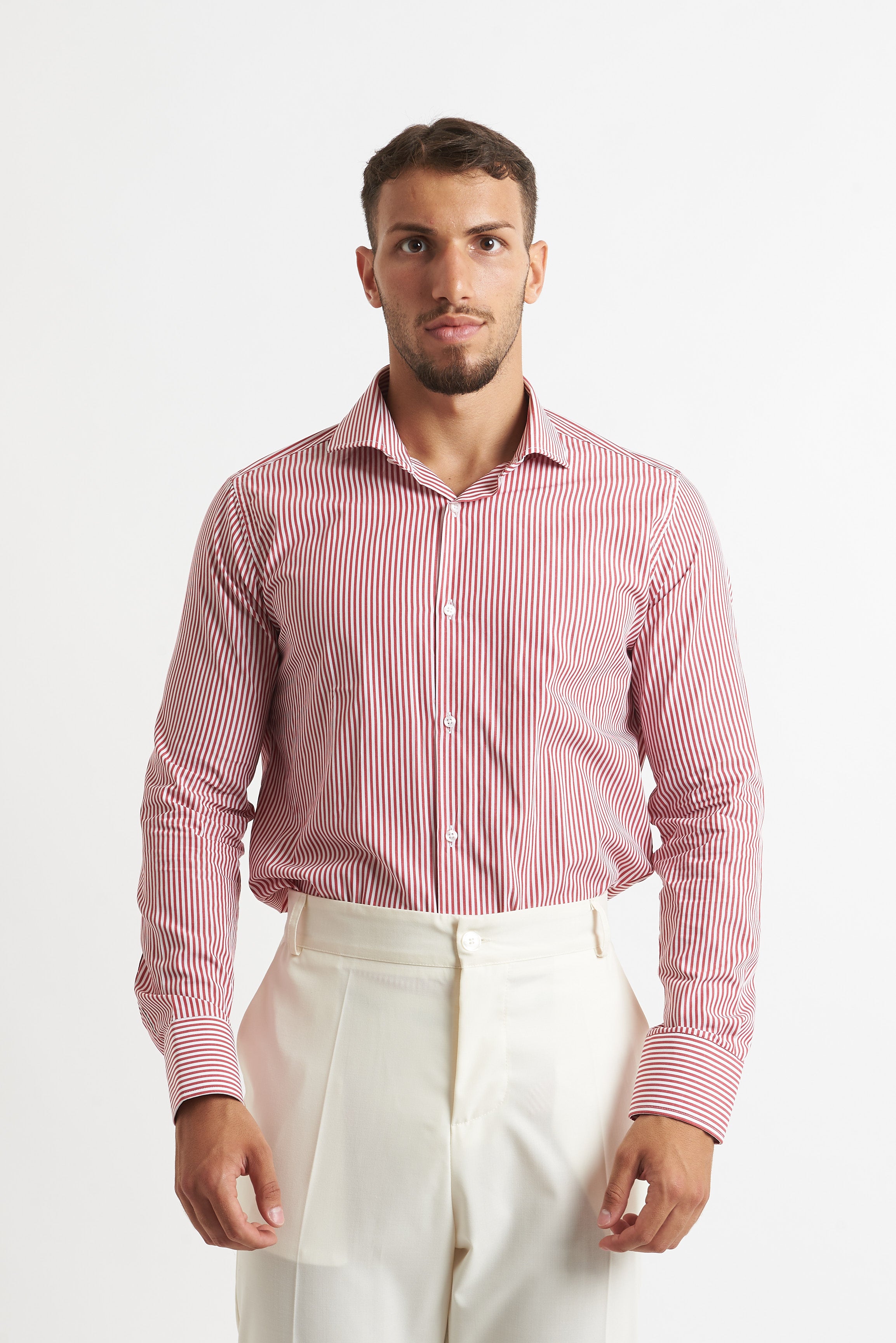 camicia a rigo stretto bordeaux e bianco