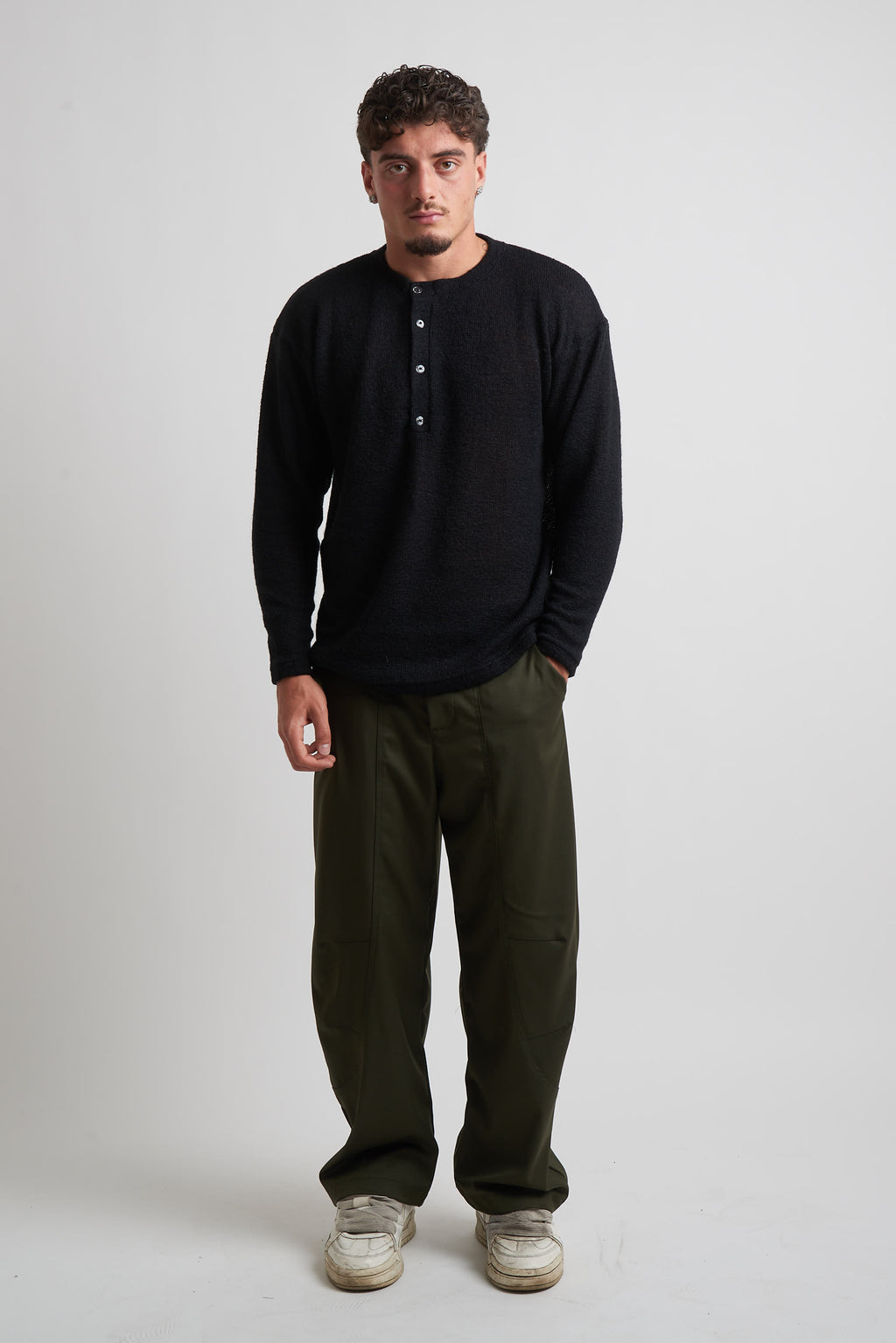 Maglia a serafino rasata in mohair nero