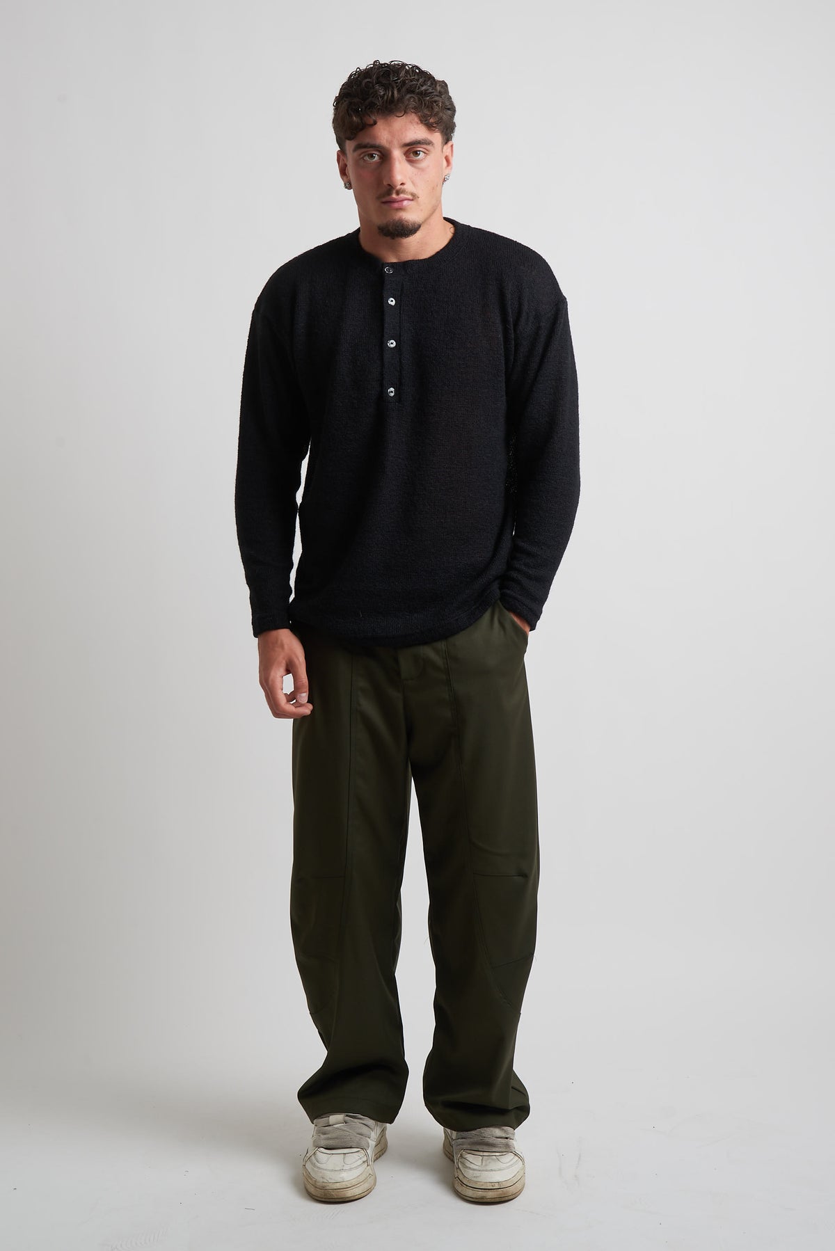 Maglia a serafino rasata in mohair nero
