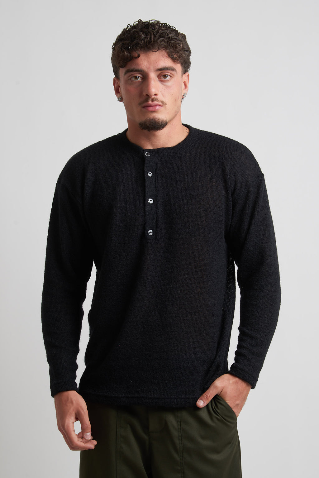 Maglia a serafino rasata in mohair nero
