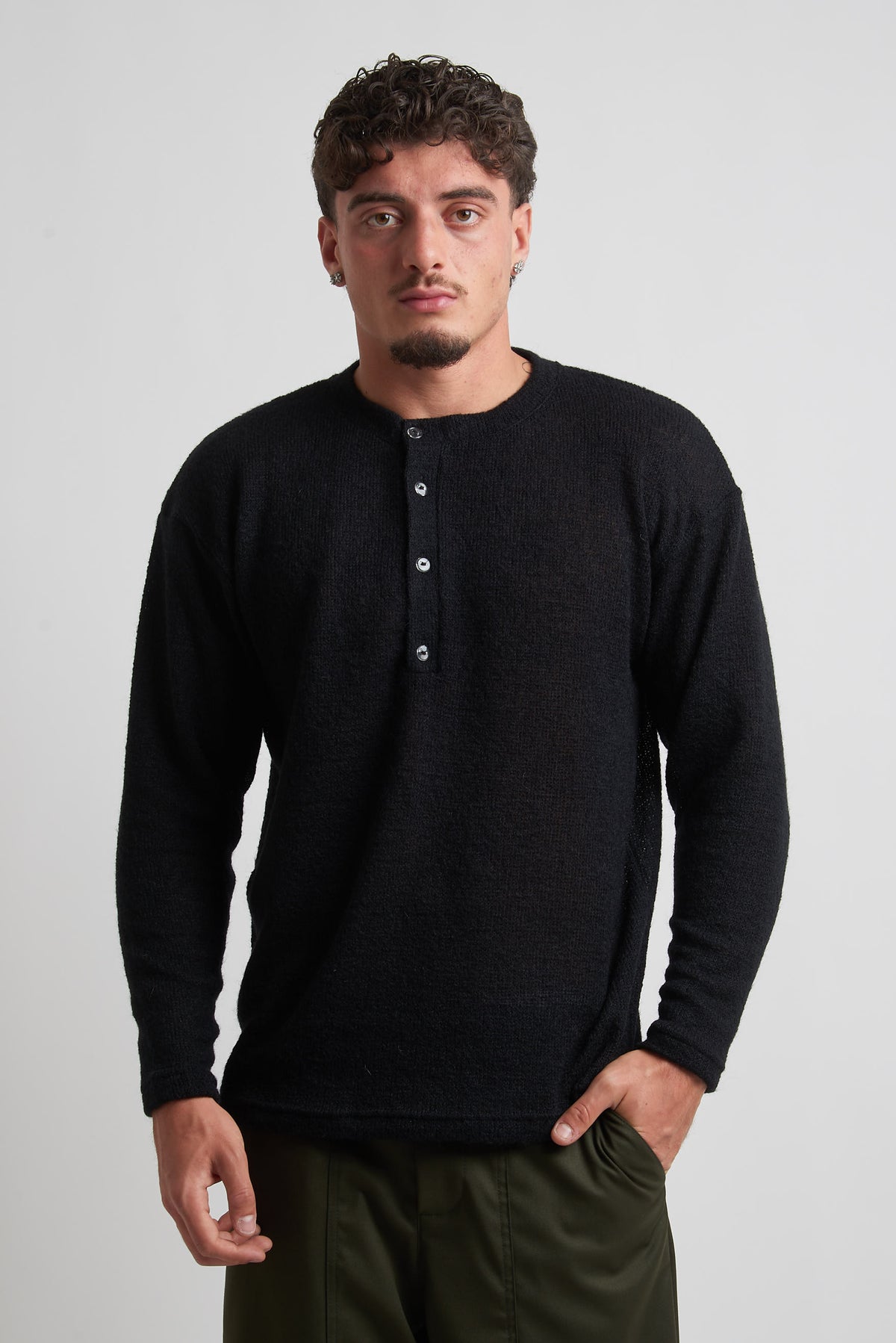 Maglia a serafino rasata in mohair nero