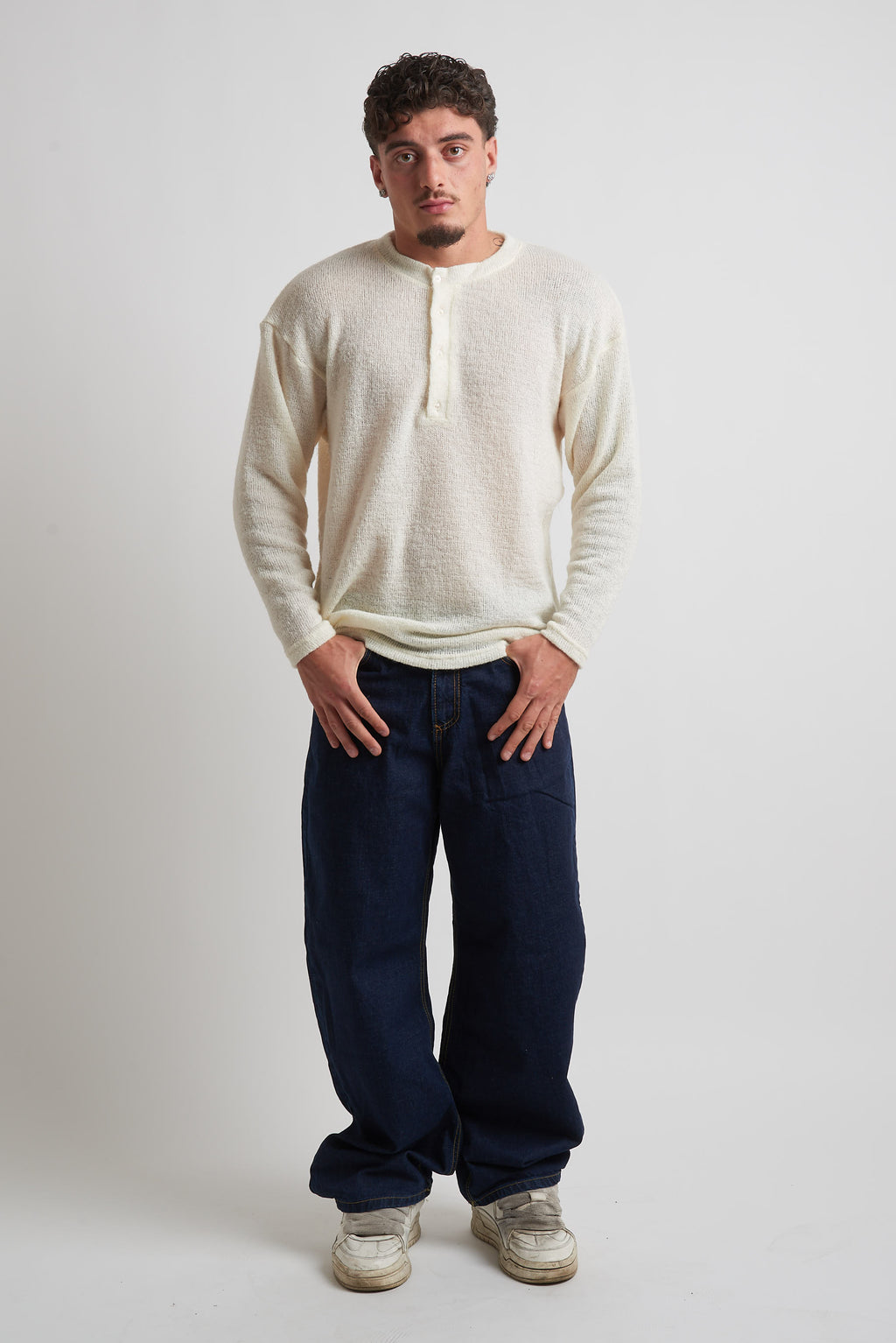 Maglia a serafino rasata in mohair panna