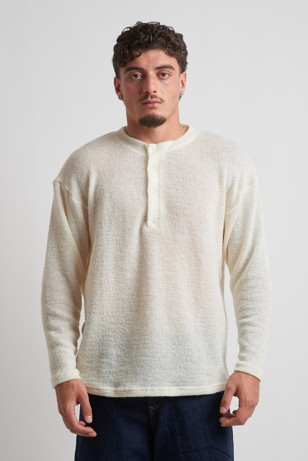 Maglia a serafino rasata in mohair panna