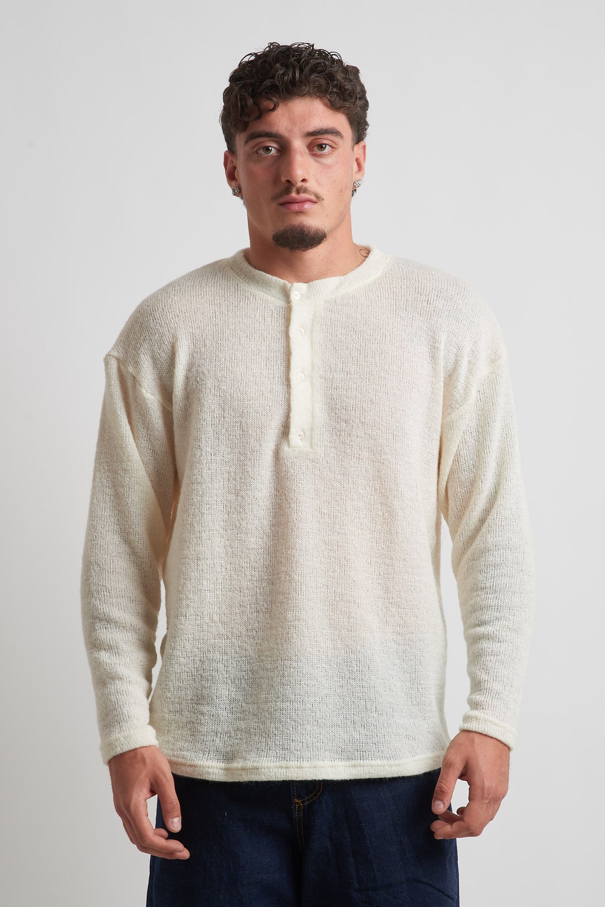 Maglia a serafino rasata in mohair panna