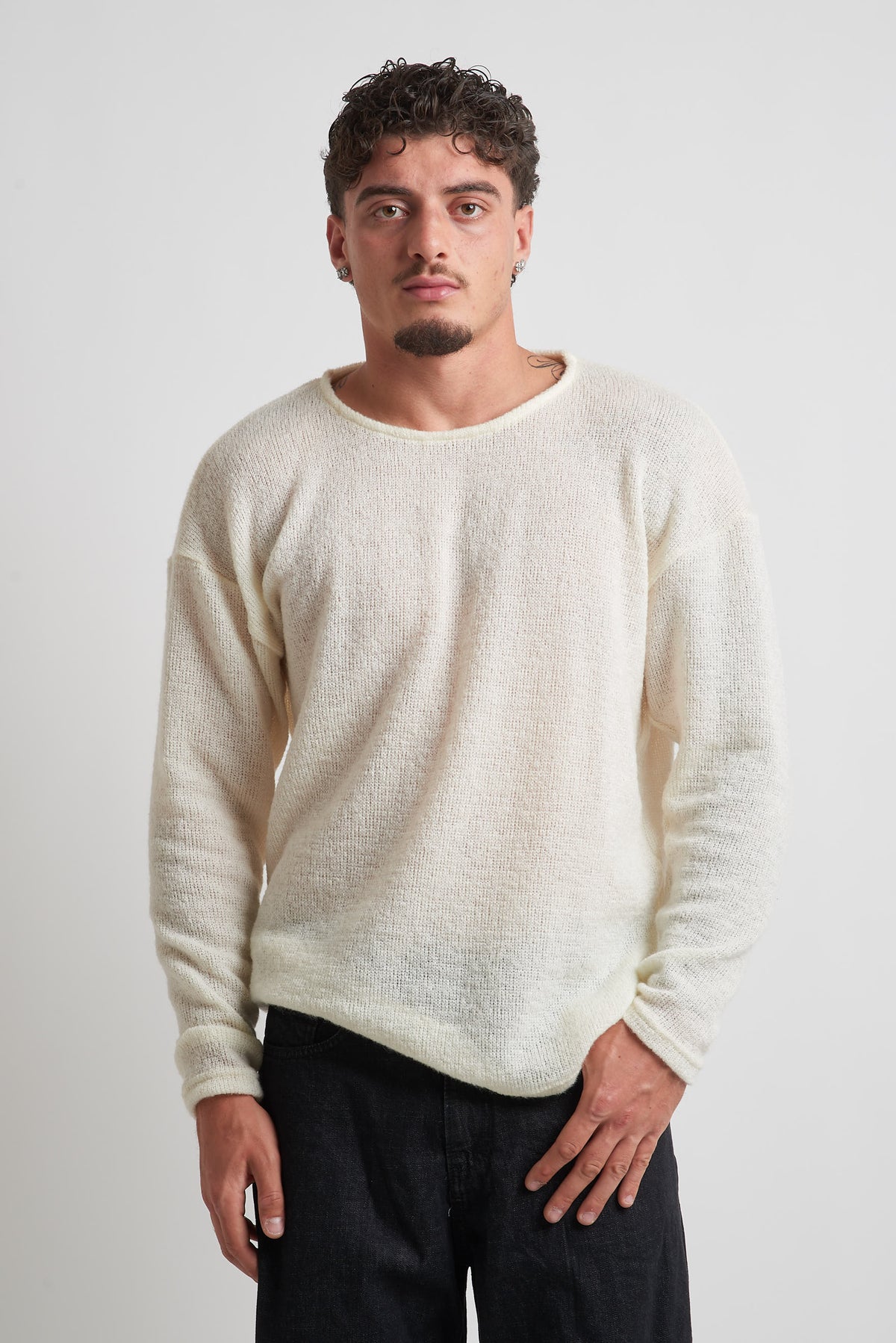 Maglia giro collo rasata in mohair panna